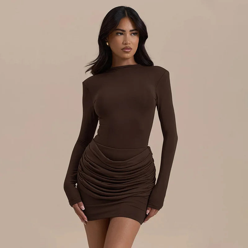 Ruched Long Sleeve Mini Dress Brown