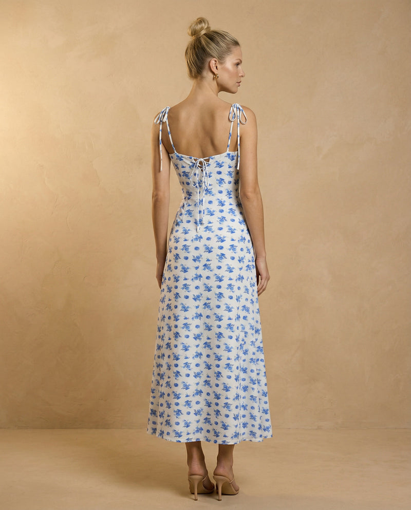 Blue Floral Corset Midi Dress