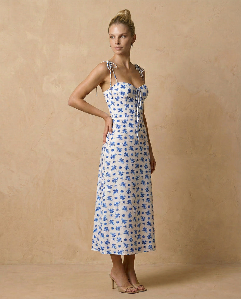 Blue Floral Corset Midi Dress