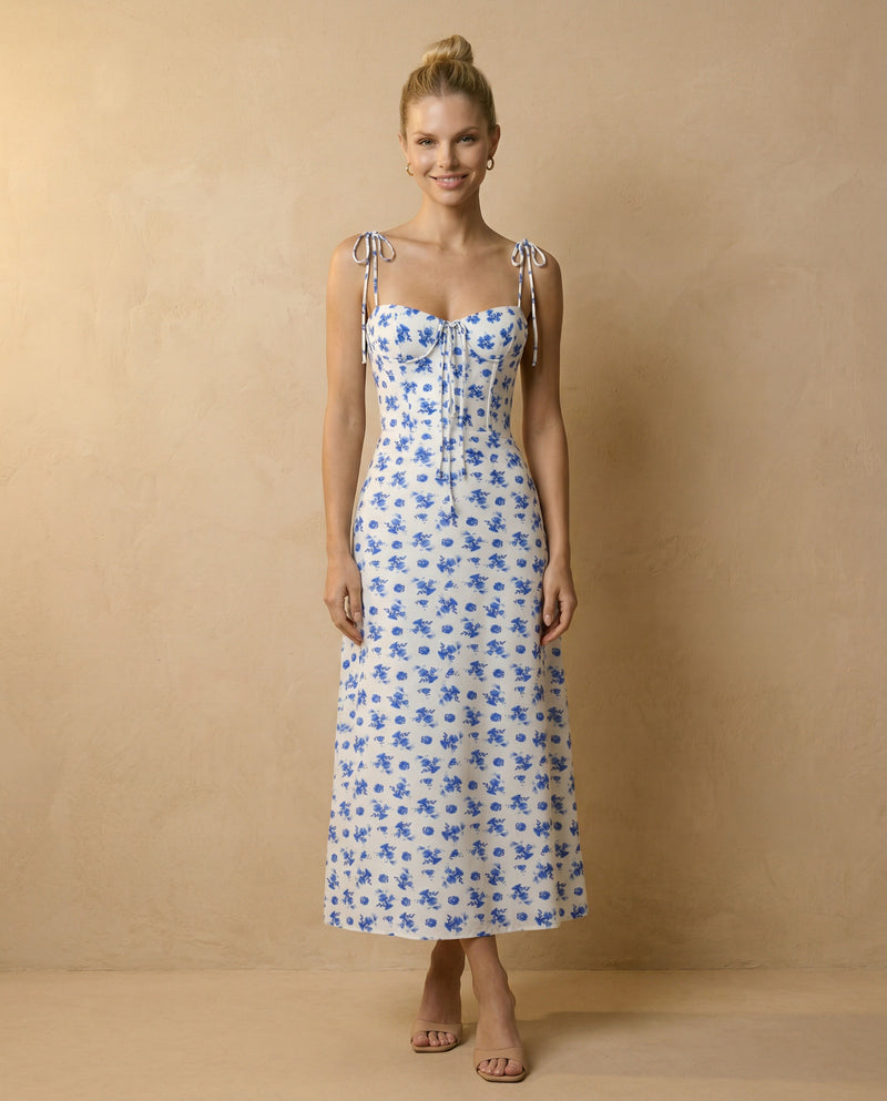 Blue Floral Corset Midi Dress