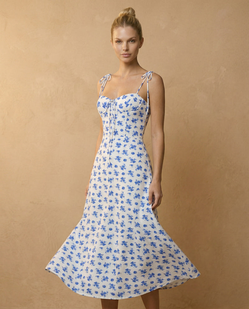 Blue Floral Corset Midi Dress