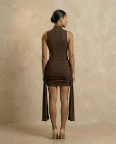 Ruched High Neck Bodycon Mini Dress Coffee
